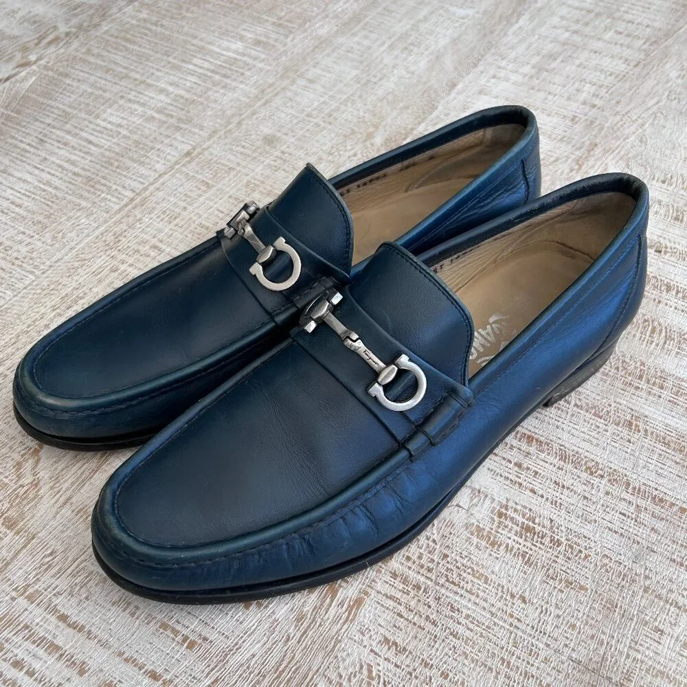 Salvatore Ferragamo Men's Dark Blue Leather Horse Bit Penny Loafer Size 10 1/2 D - Picture 1 of 13